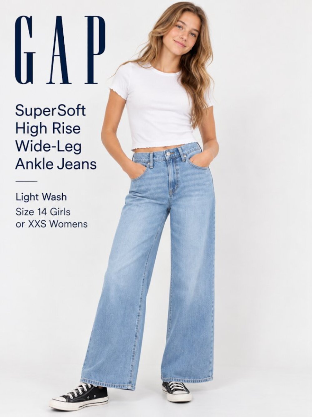 GAP SuperSoft High Rise Wide-Leg Ankle Jeans Light Wash - Size 14 Girls or XXS W